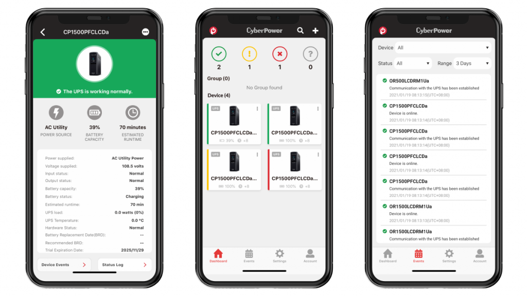 PowerPanel Cloud mobile dashboard status screen shot